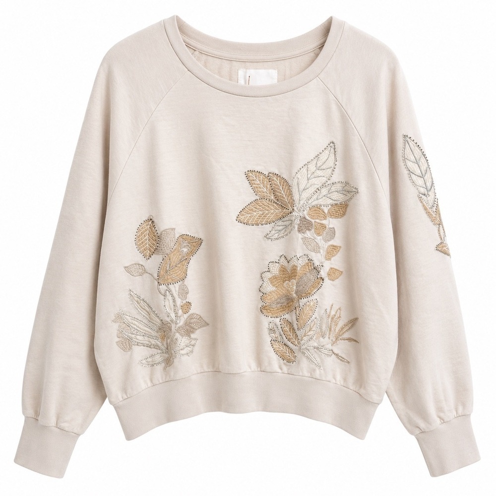 Anthropologie Embroidered Sweatshirt XL sequin Floral Boho Cottagecore Pullover